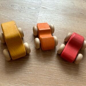 Grimms wooden Toy Cars - Yellow, Orange, Red